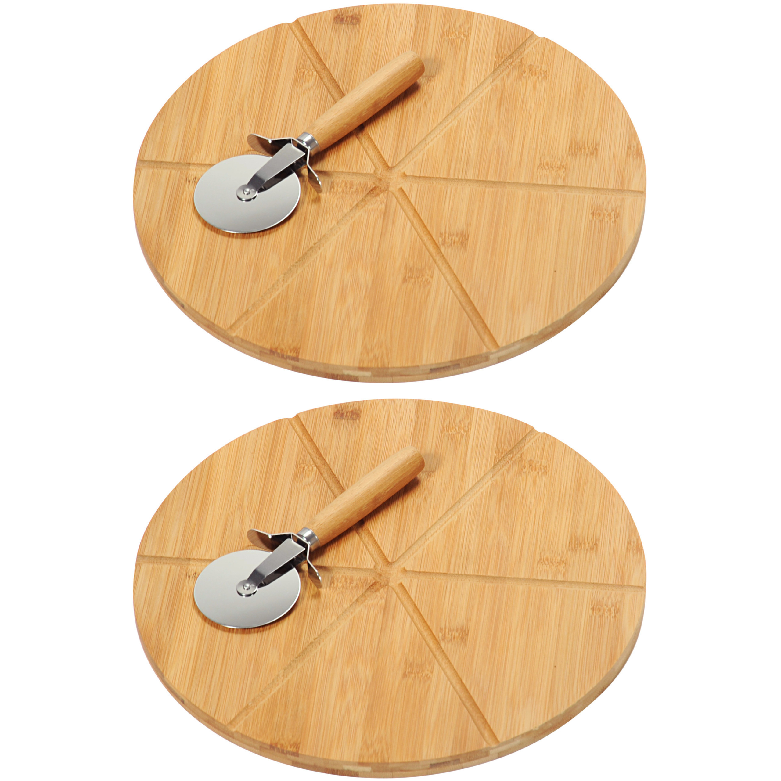 Merkloos 2x Bamboe houten pizza serveerplanken met pizzasnijders 32 cm -