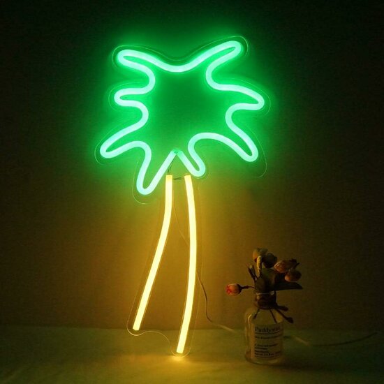 Groenovatie LED Neon Wandlamp Kokospalm, Op USB, 48x25x2cm, Groen / Geel