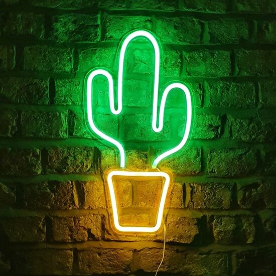 Groenovatie LED Neon Wandlamp Cactus, Op USB, 47x26x2cm, Groen / Geel