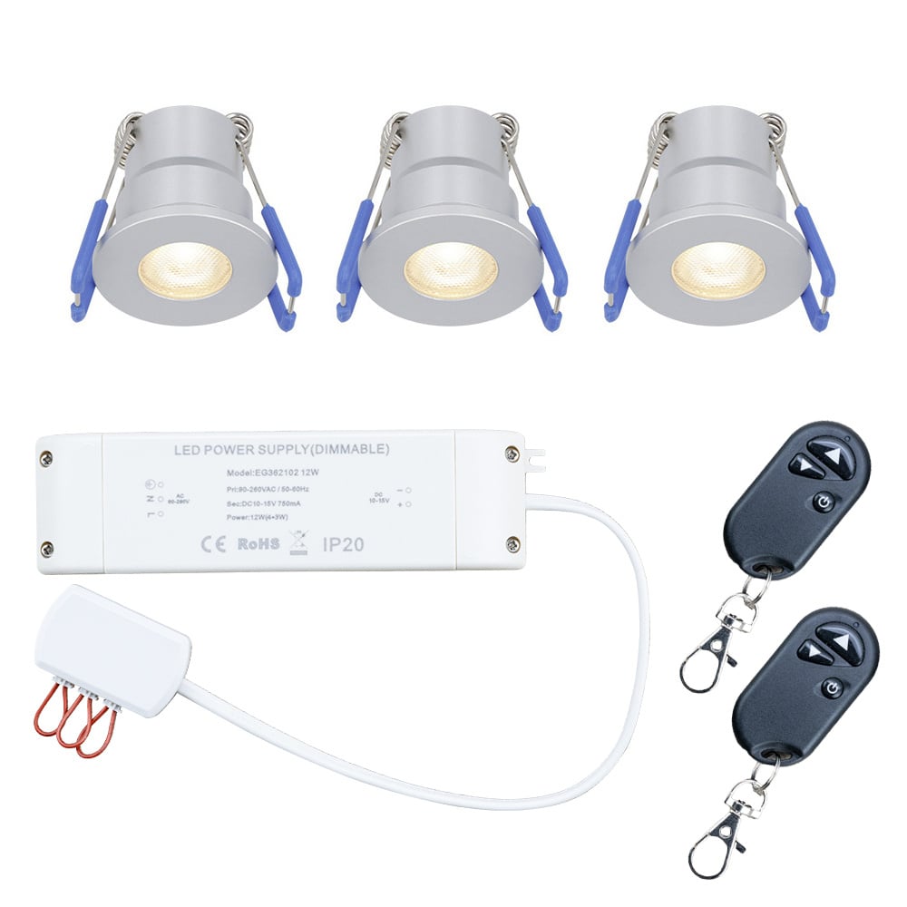 HOFTRONIC™ Set van 3 Milano LED dimbare badkamerverlichting - Warm wit - Met trafo 12V - IP44 waterdicht - Voor badkamers en douche verlichting - RVS - met 2x afstandsbediening