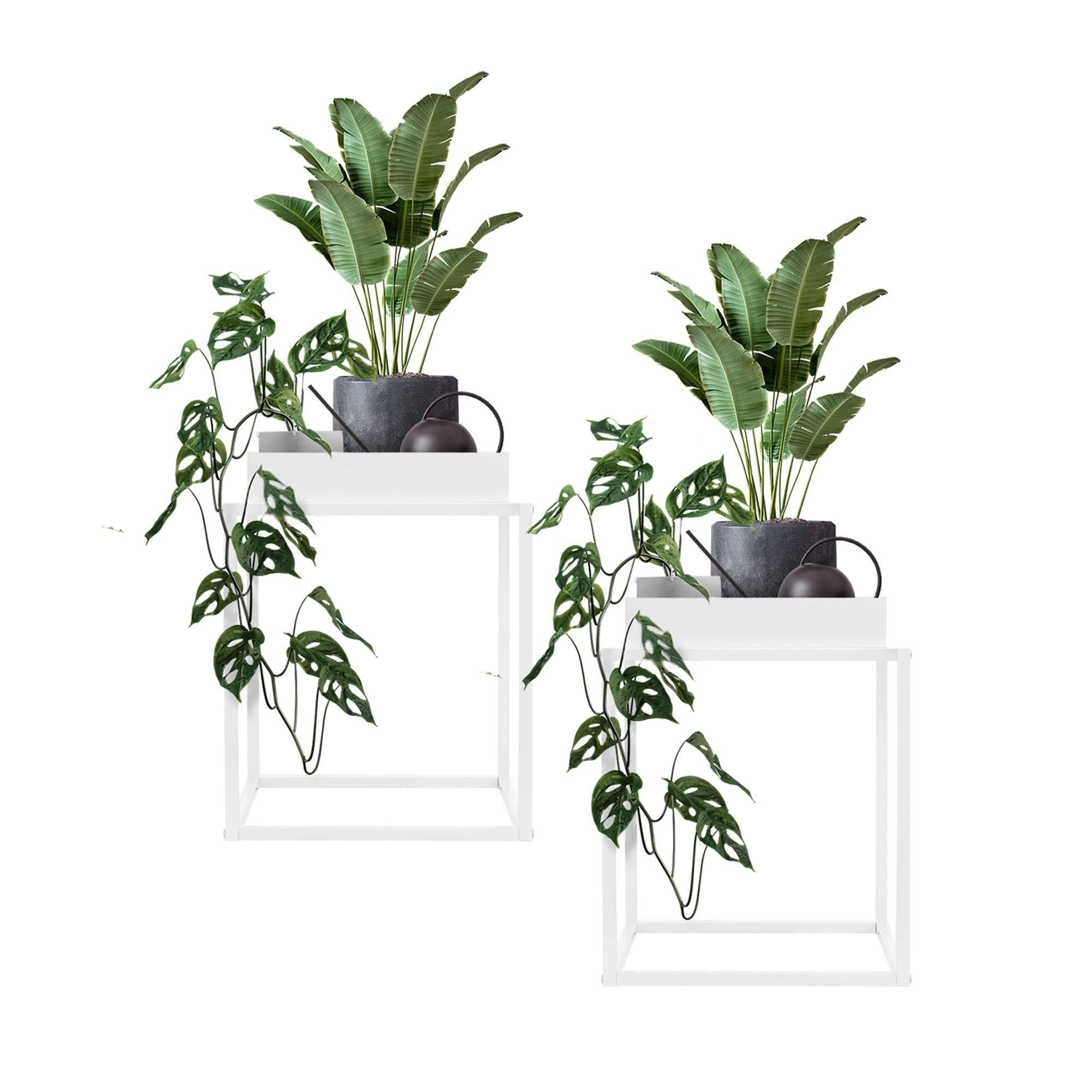 2x Pflanzenständer mit abnehmbarem Tablett, 35x35x46 cm, Weiß, aus Metall - Ml-design