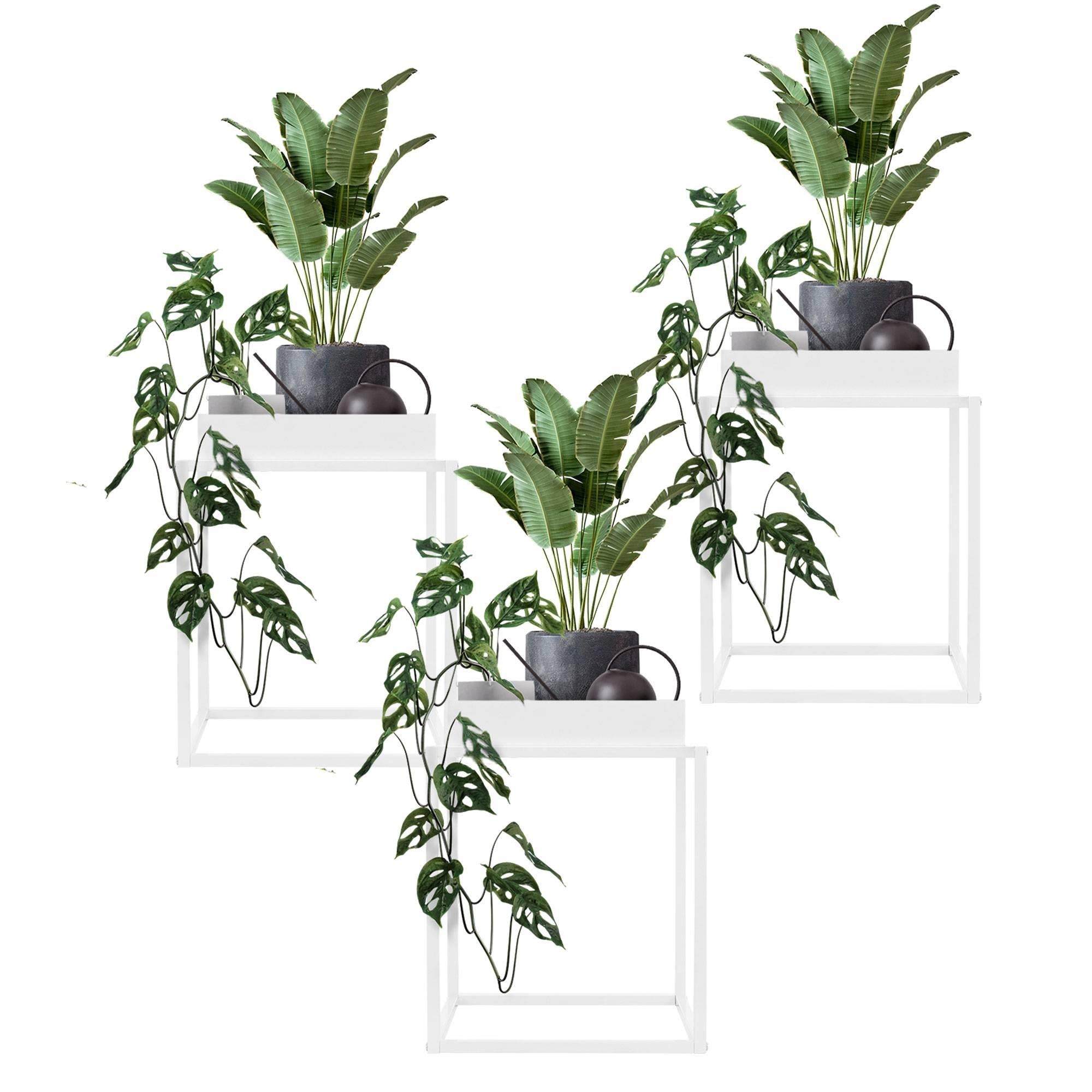 3x Pflanzenständer mit abnehmbarem Tablett, 35x35x46 cm, Weiß, aus Metall - Ml-design
