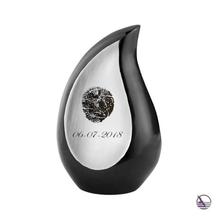Gedenkartikelen Mini urn Traan Zwart met zilverkleur + vingerafdruk (75ml)