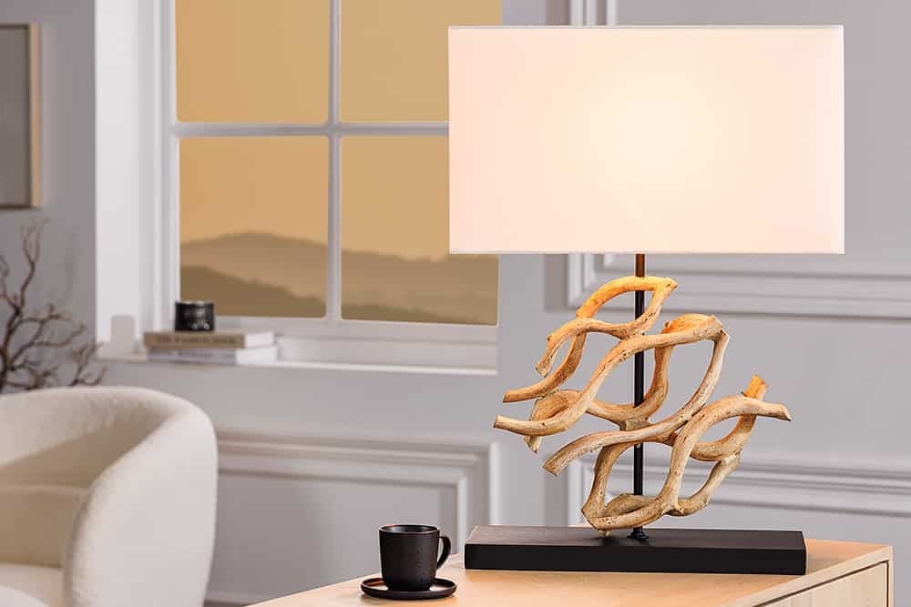 Invicta Interior Design tafellamp WAVE 60cm natuurlijk massief hout handgemaakte witte katoenen kap - 43932