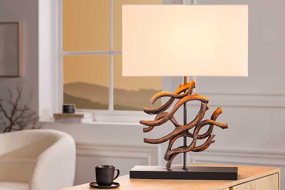 Invicta Interior Design tafellamp WAVE 60cm natuurlijk massief hout handgemaakte beige katoenen kap - 43931
