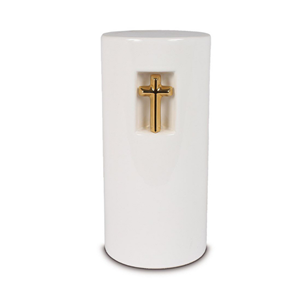 Gedenkartikelen Zuil urn in wit keramiek met kruis in goudkleur (4000ml)
