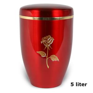 Gedenkartikelen Urn edelstaal Rood met roos en goudband (5000ml)
