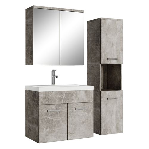 badplaats Badezimmer Badmöbel Set Montreal mit Spiegelschrank 60cm Waschbecken Beton Grau - Unterschrank Hochschrank Waschtisch Möbel - Beton grau