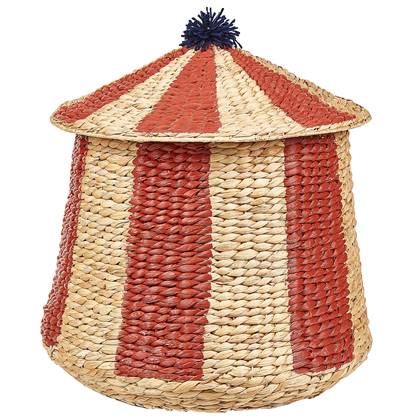 beliani Weidenkorb Beige Rot Wasserhyazinthe Geflochtenes Zirkusmotiv Zelt mit Deckel Pompon Spielzeugkorb Kinderzimmerzubehör - Natürlich