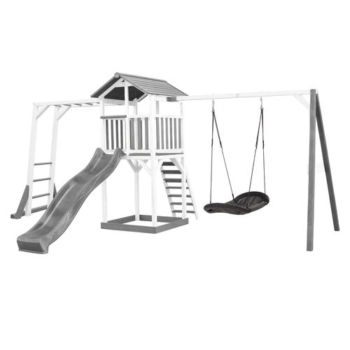 AXI - Beach Tower Spielturm aus Holz in Weiß & Grau Spielhaus für Kinder mit grauer Rutsche, Klettergerüst, Roxy Nestschaukel und Sandkasten