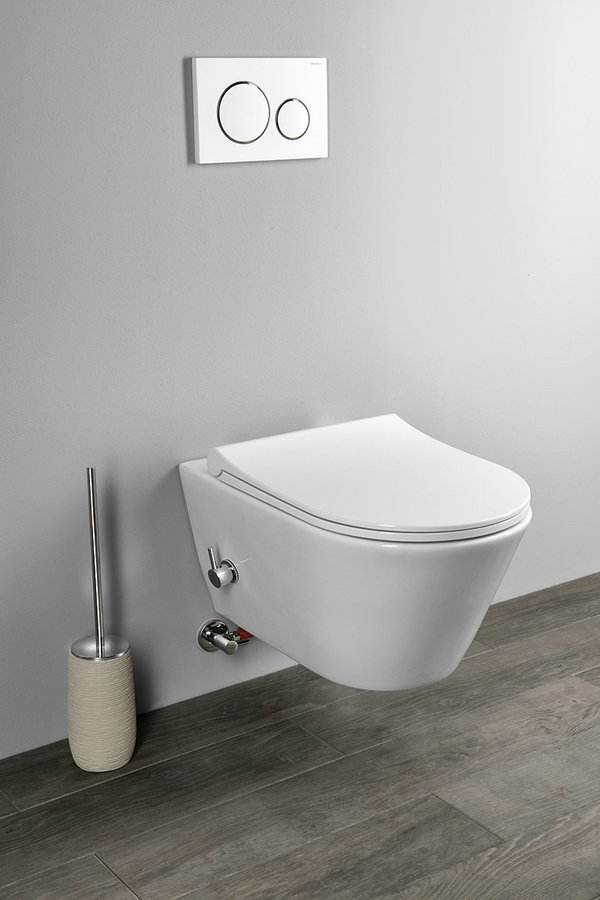 Sapho Avva Cleanwash Hangend toilet, met mengkraan en bidetdouche, Randloos, 35,5x53cm, wit