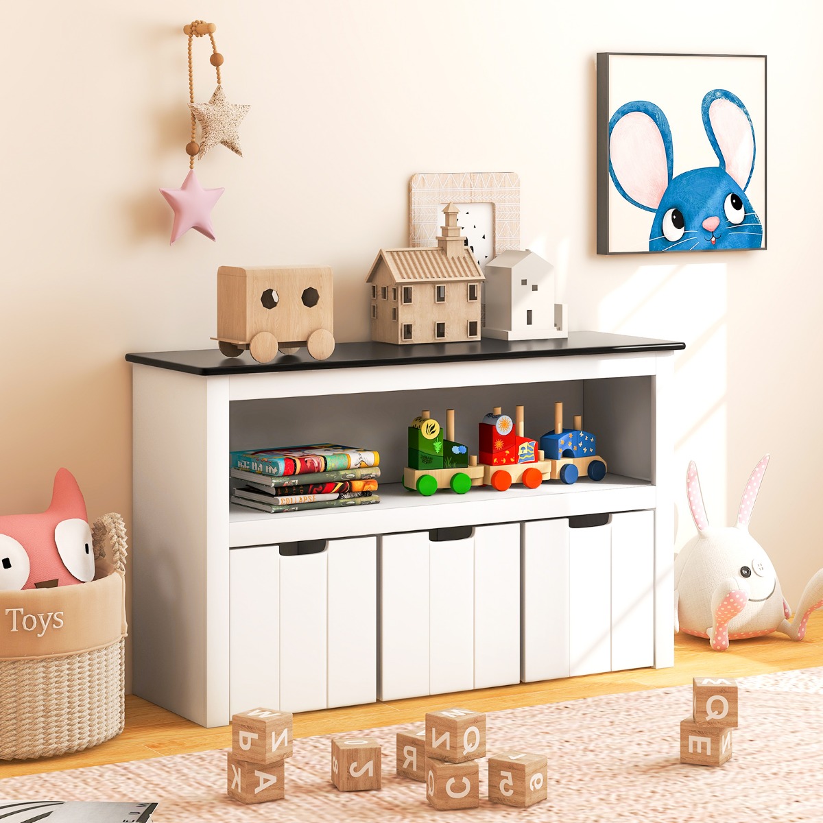 Costway Speelgoedkast voor Kinderen Commode met 3 Laden Speelgoedorganizer voor Kinderkamer en Woonkamer Opbergkast 102 x 33 x 62 cm