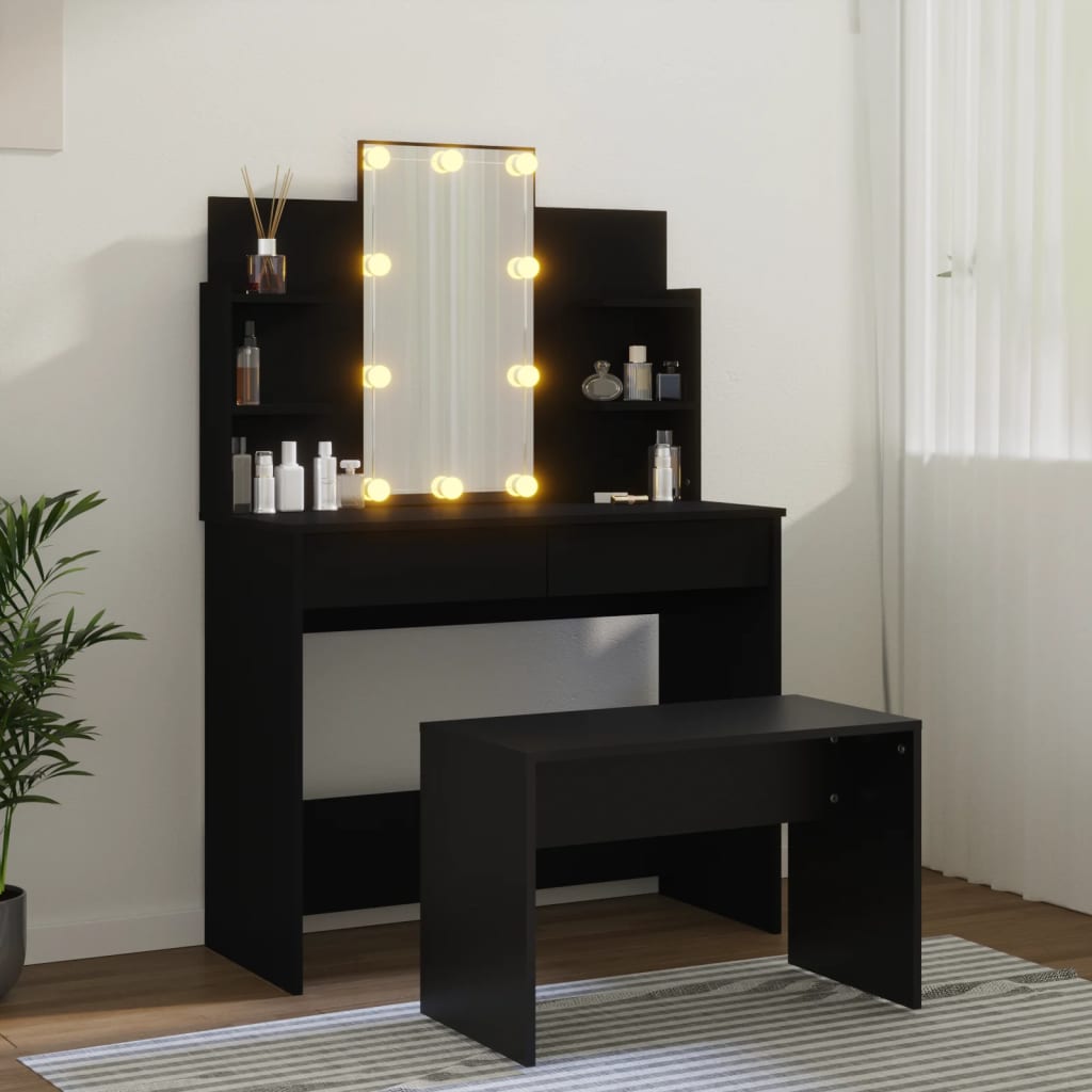vidaXL Kaptafelset met LED-verlichting bewerkt hout zwart