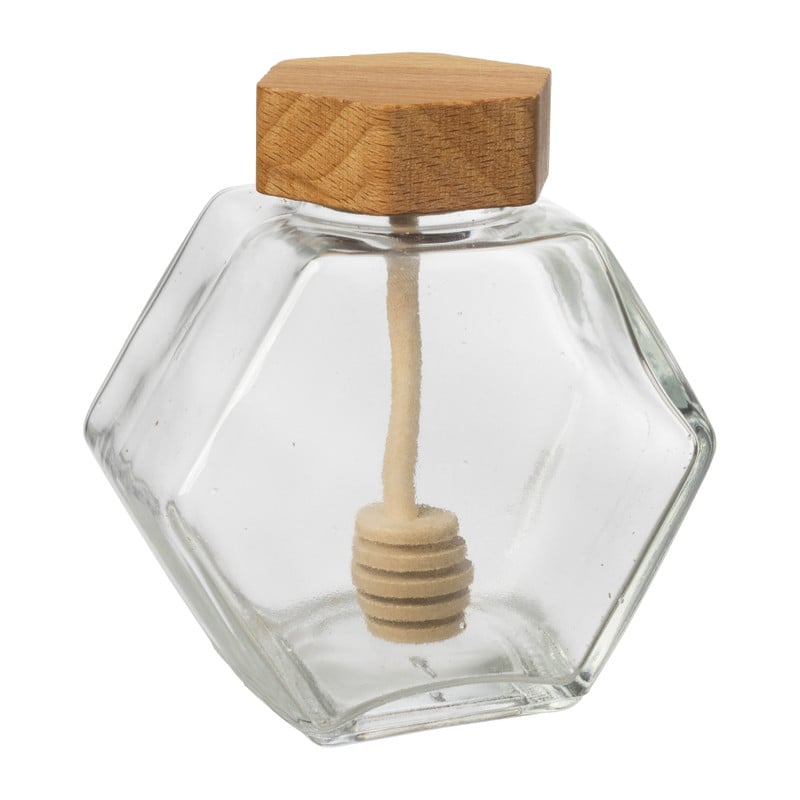 Xenos Honingpot met honinglepel - glas/bamboe - 9.6x9.9x5 cm