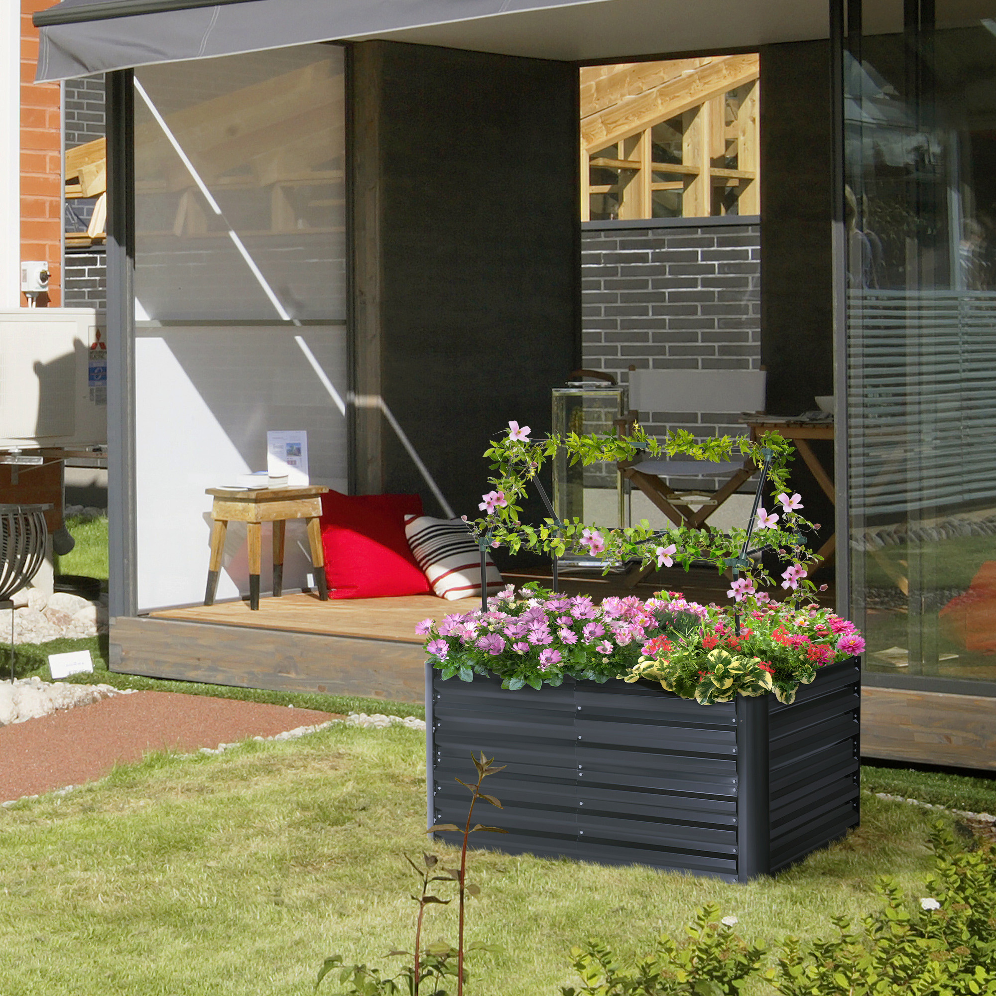 Sunny Set van 3 plantenbakken met steunrooster, tuinbed voor tuin, staal, grijs