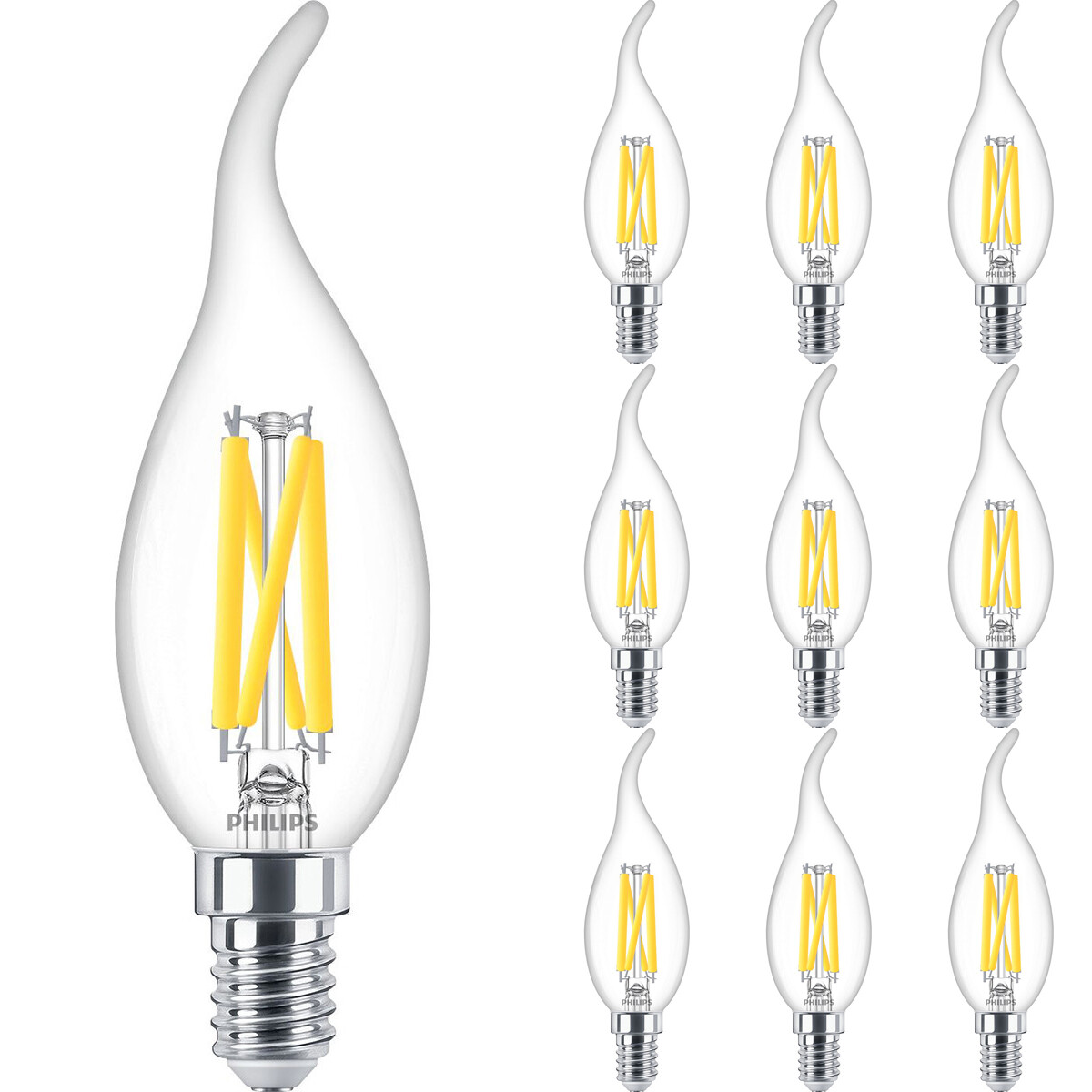 PHILIPS  LED Lamp E14 10 Pack - MASTER LED E14 Gebogen-Tip Kaars Filament Helder 3.4W 470lm - 922-927 Dim to Warm 2200K-2700K - Beste Kleurweergave - Dimbaar | Vervangt 40W
