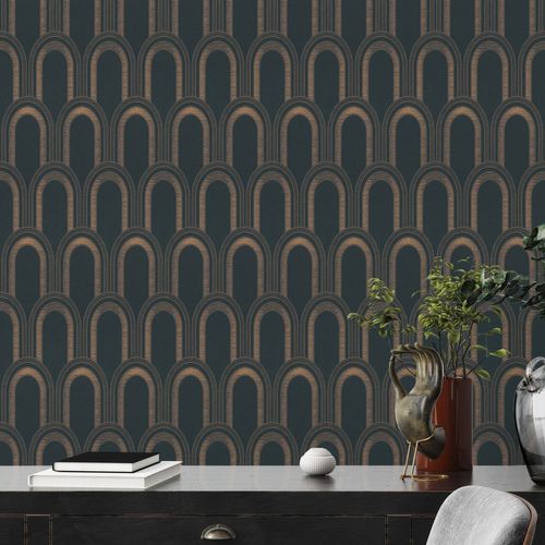 Livingwalls Behang Art Deco Motief Zwart, Beige, Goud En Metallic - 53 Cm X 10,05 M