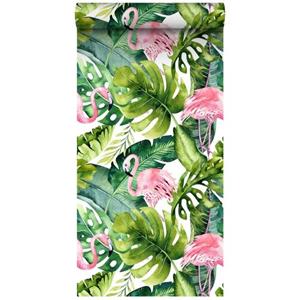 ESTAhome Xxl Behang Tropische Bladeren Met Flamingo's Groen En Roze - 50 X 900 Cm