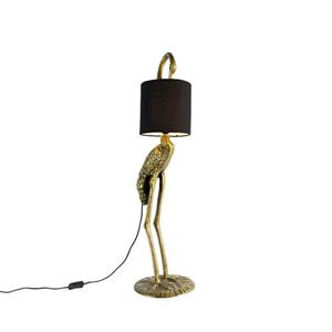 QAZQA Vintage Vloerlamp Messing Stoffen Kap Zwart - Animal Kraanvogel