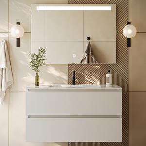 Fontana Rovigo badmeubel 100cm wit mat met witte wastafel met kraangat en spiegel met verlichting