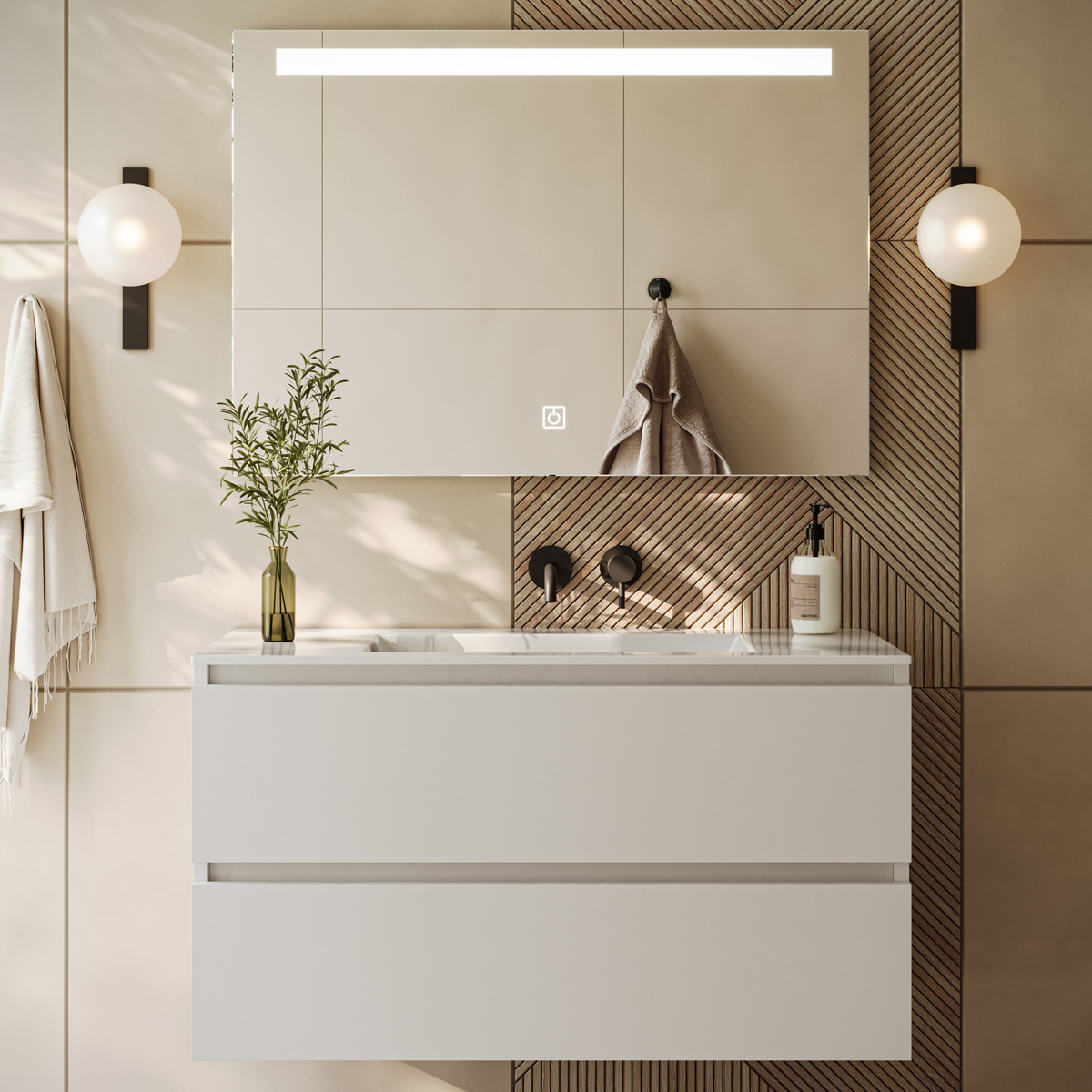Fontana Rovigo badmeubel 100cm wit mat met witte wastafel zonder kraangat en spiegel met verlichting