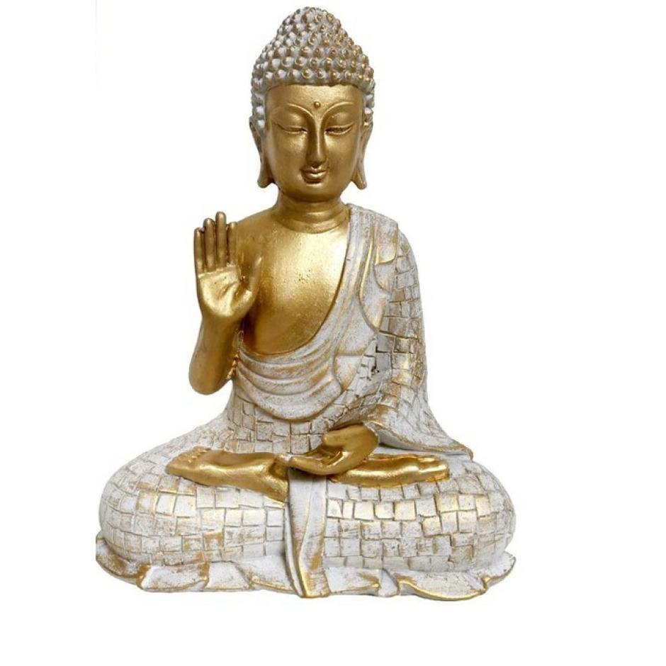 Merkloos Boeddha decoratie beeldje - kunststeen - goud/wit - 22cm hoog -