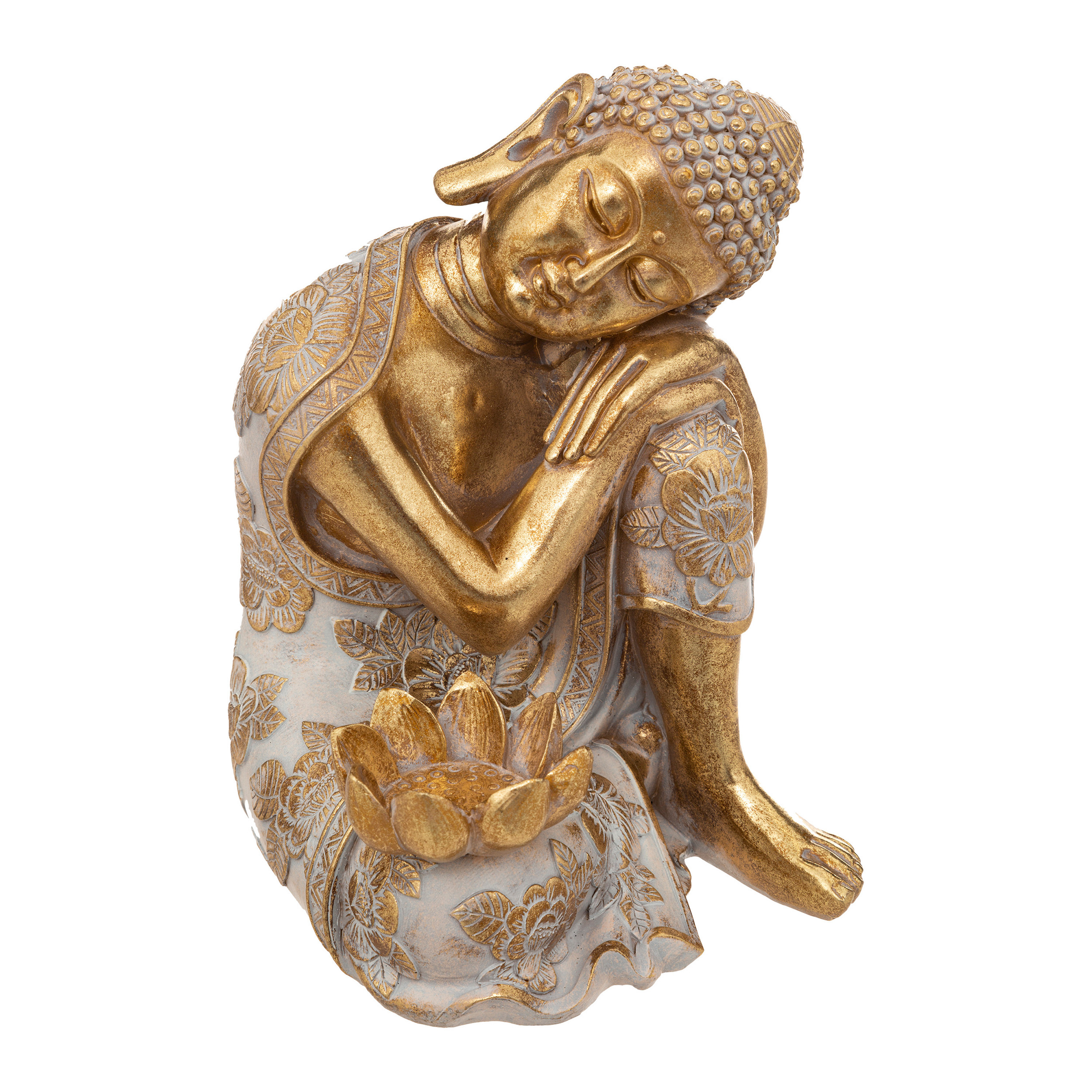 Atmosphera Boeddha beeldje zittend - binnen/buiten - polyresin - goud/wit - 23 cm -