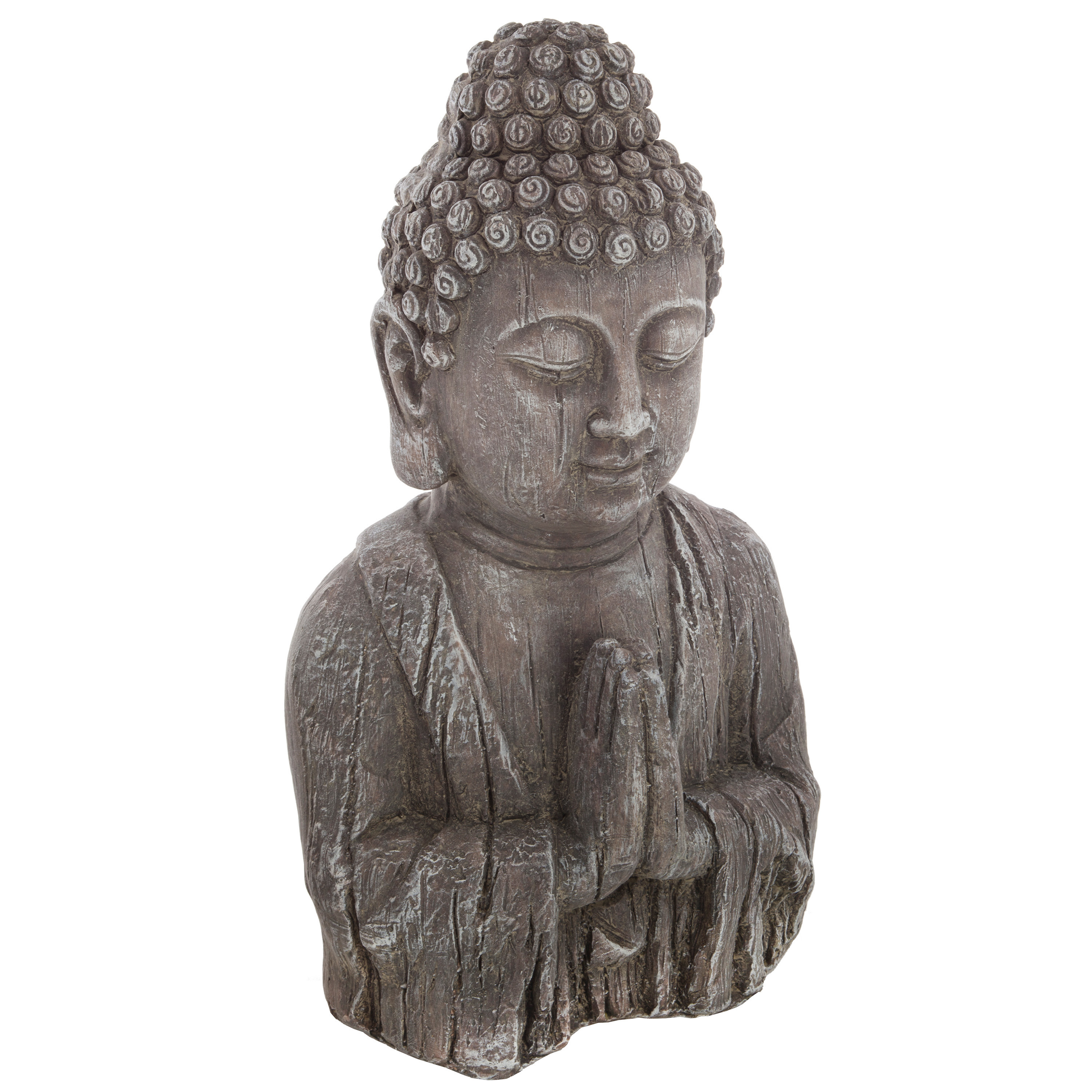 Atmosphera Boeddha hoofd beeld biddend - binnen/buiten - kunststeen - oud hout look - 50 cm -