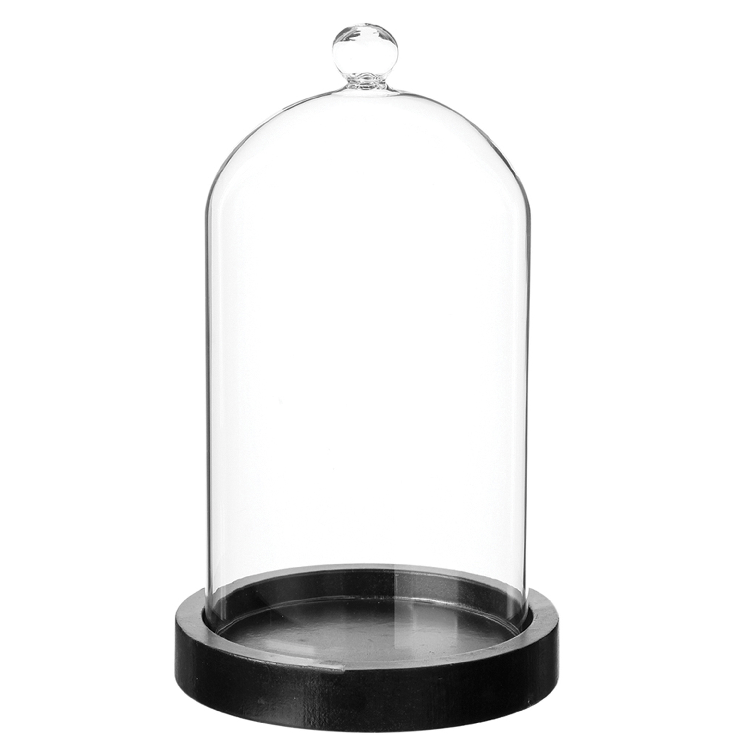 Atmosphera Home decoratie glazen stolp op houten plateau - glas/zwart - D12 x H19 cm -