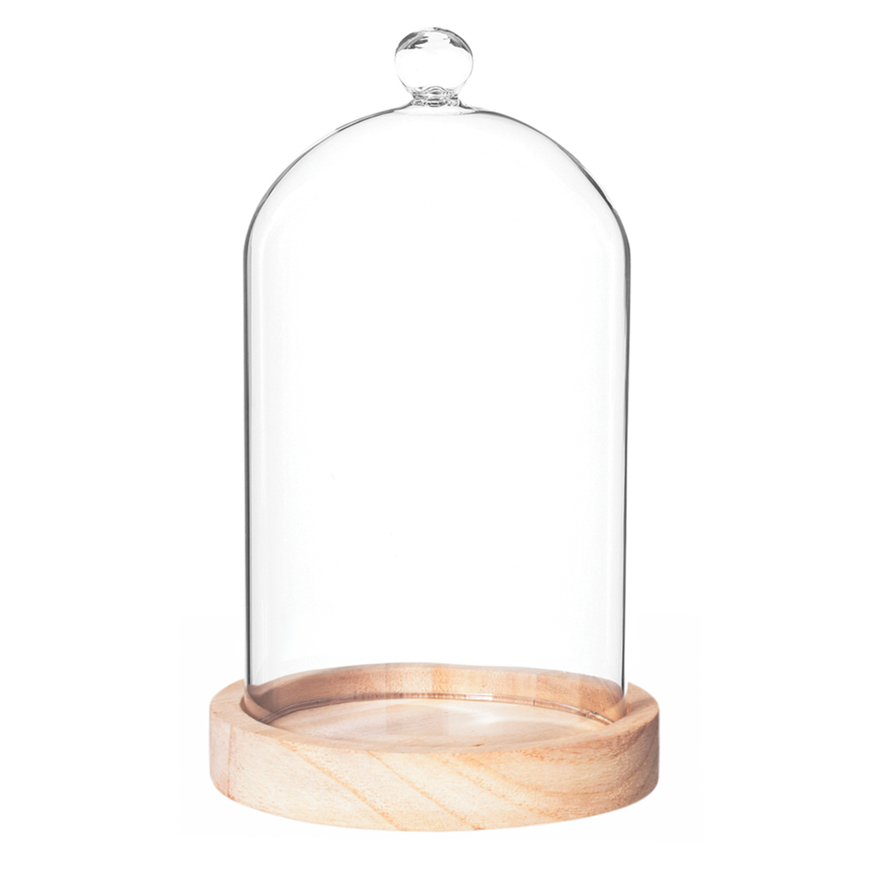 Atmosphera Home decoratie glazen stolp op houten plateau - glas/lichtbruin - D12 x H19 cm -