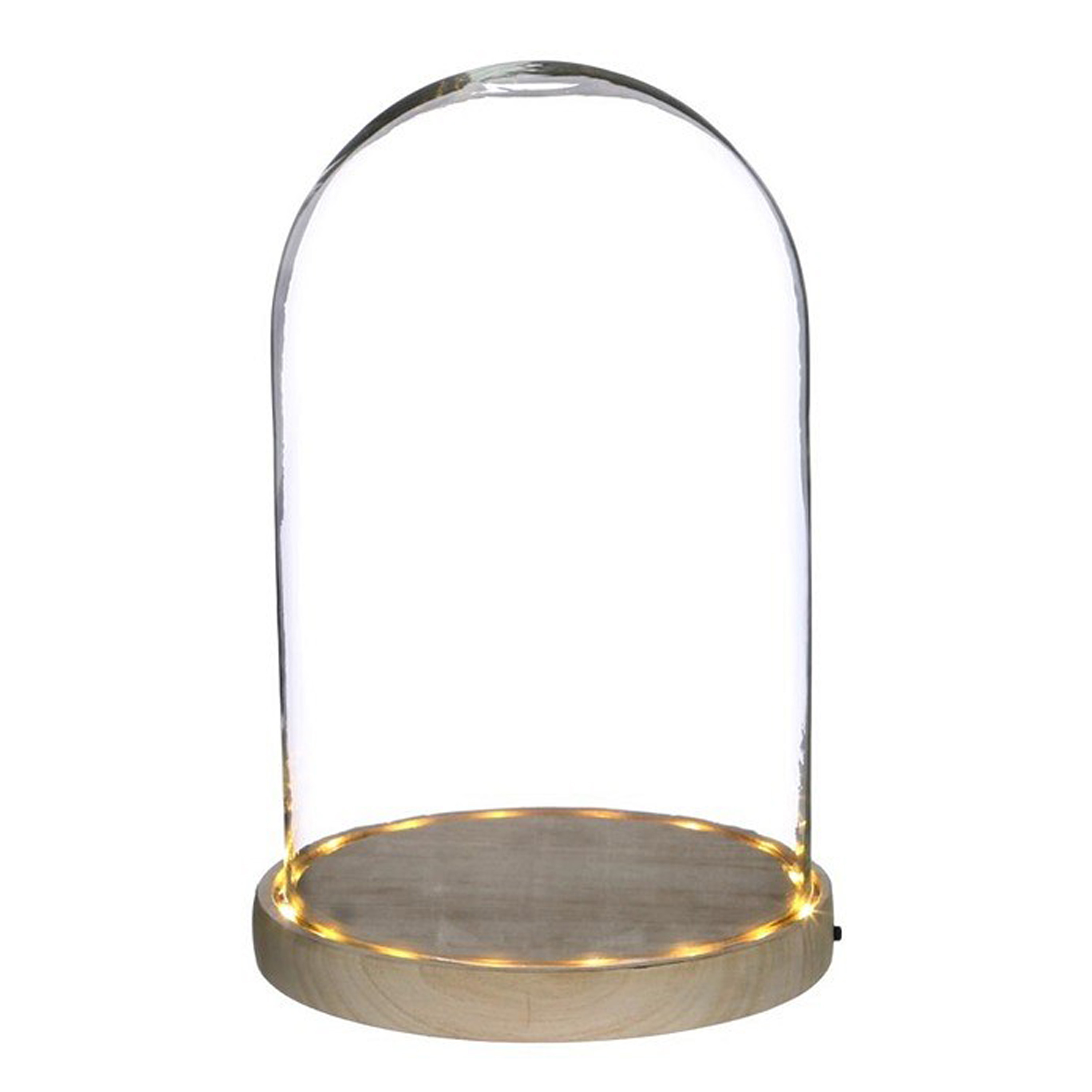 Ideas 4 Seasons Decoratie stolp - glas - houten plateau - LED licht - D17 x H25,5 cm -