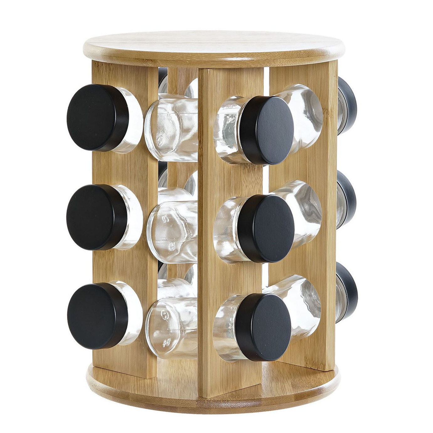 Items Bamboe houten kruidenrek/specerijenrek met 12 glazen potten 18 x 18 x 25 cm -