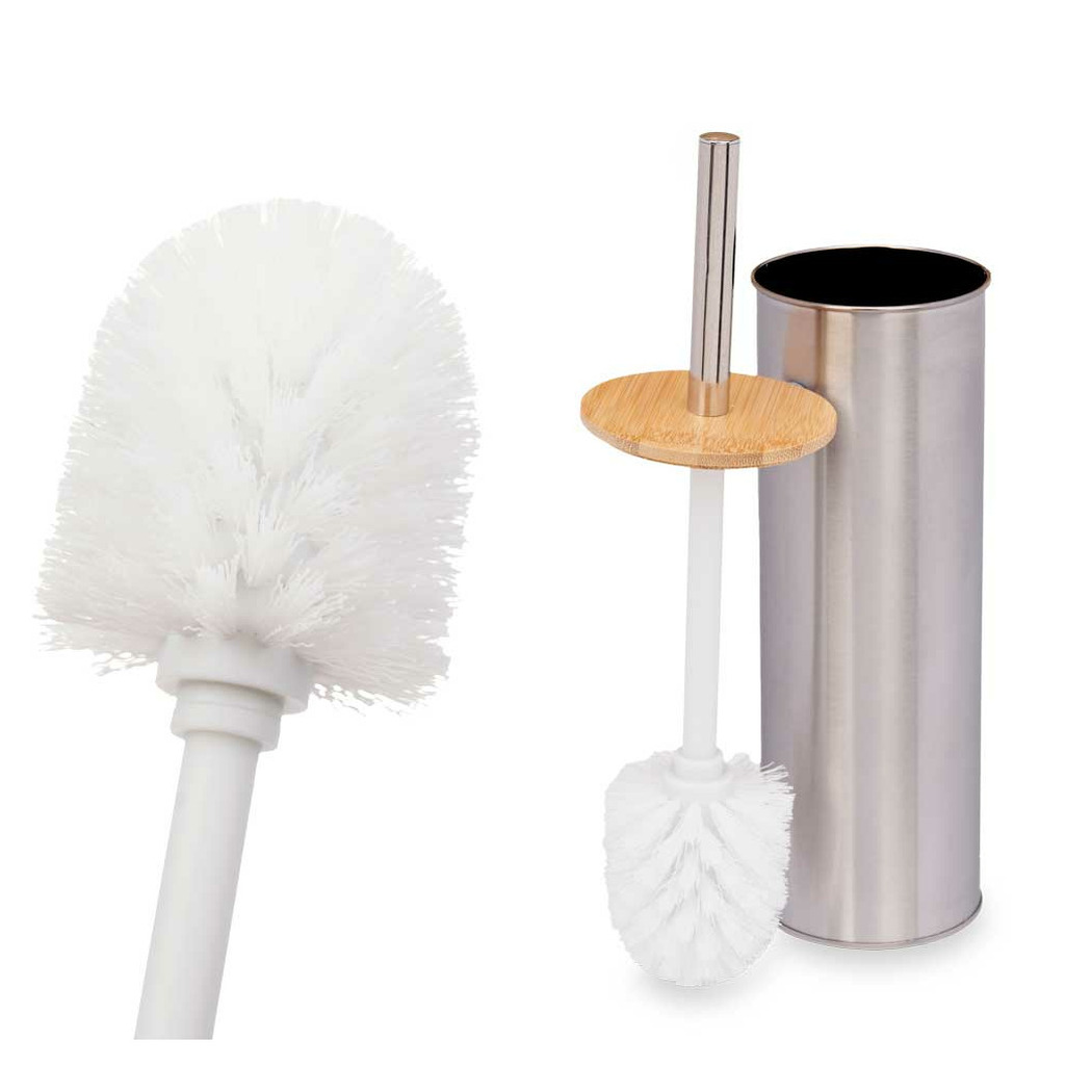 Berilo Luxe Toiletborstel in houder Steel - zilver/beige - metaal/bamboe - x 9 cm - met lekbak -