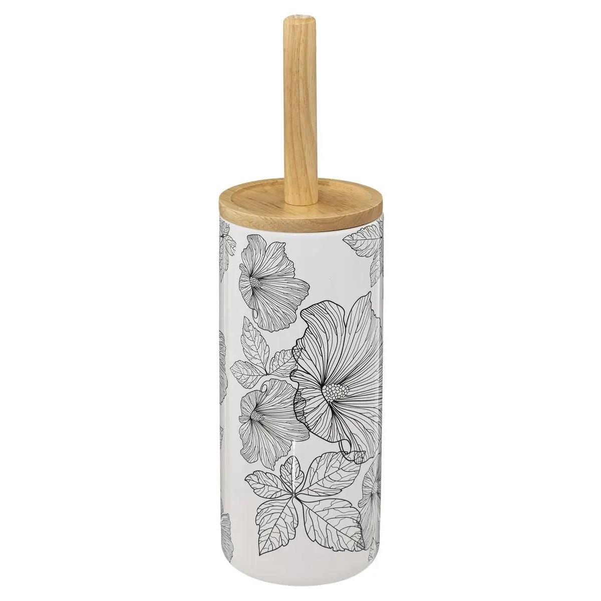 5five WC-/toiletborstel met houder rond wit/zwart met hibiscus bloemen patroon zandsteen/bamboe cm -