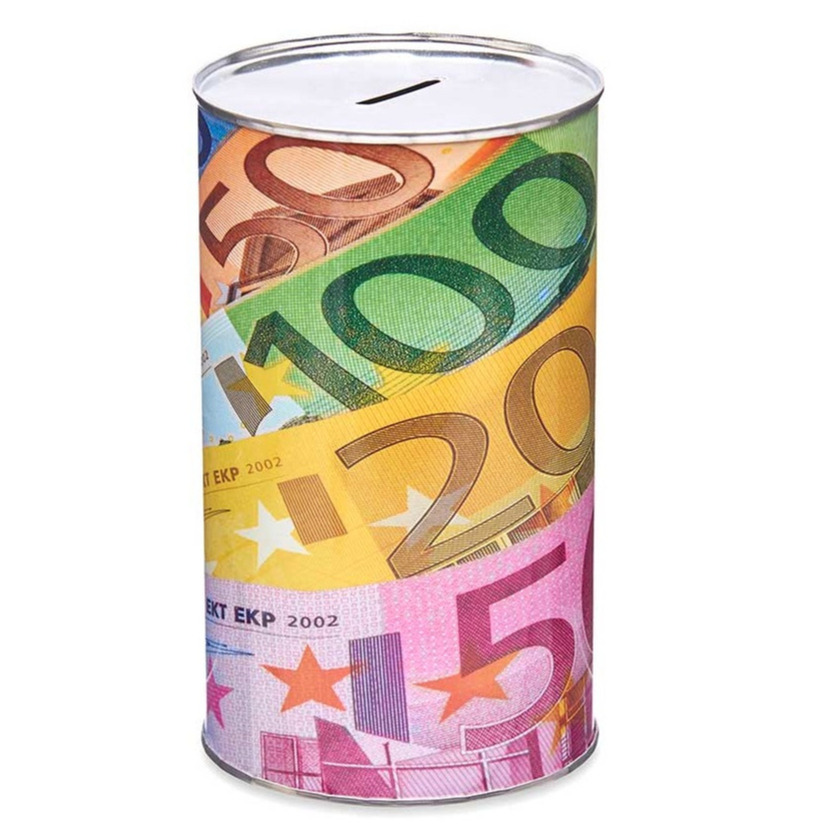 Merkloos Spaarpot blik met een paar euro biljetten - gekleurd - 10 x 17 cm - Kinderen/volwassenen -