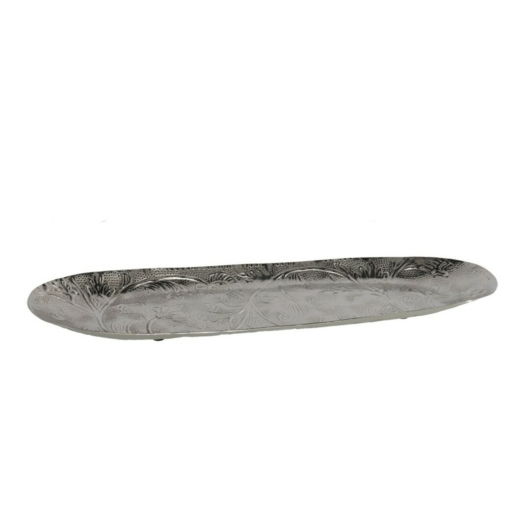 Merkloos Kaarsen plateau met rand en reliefwerk - ovaal/bladvorm - metaal - zilver - 49 x 16 cm -