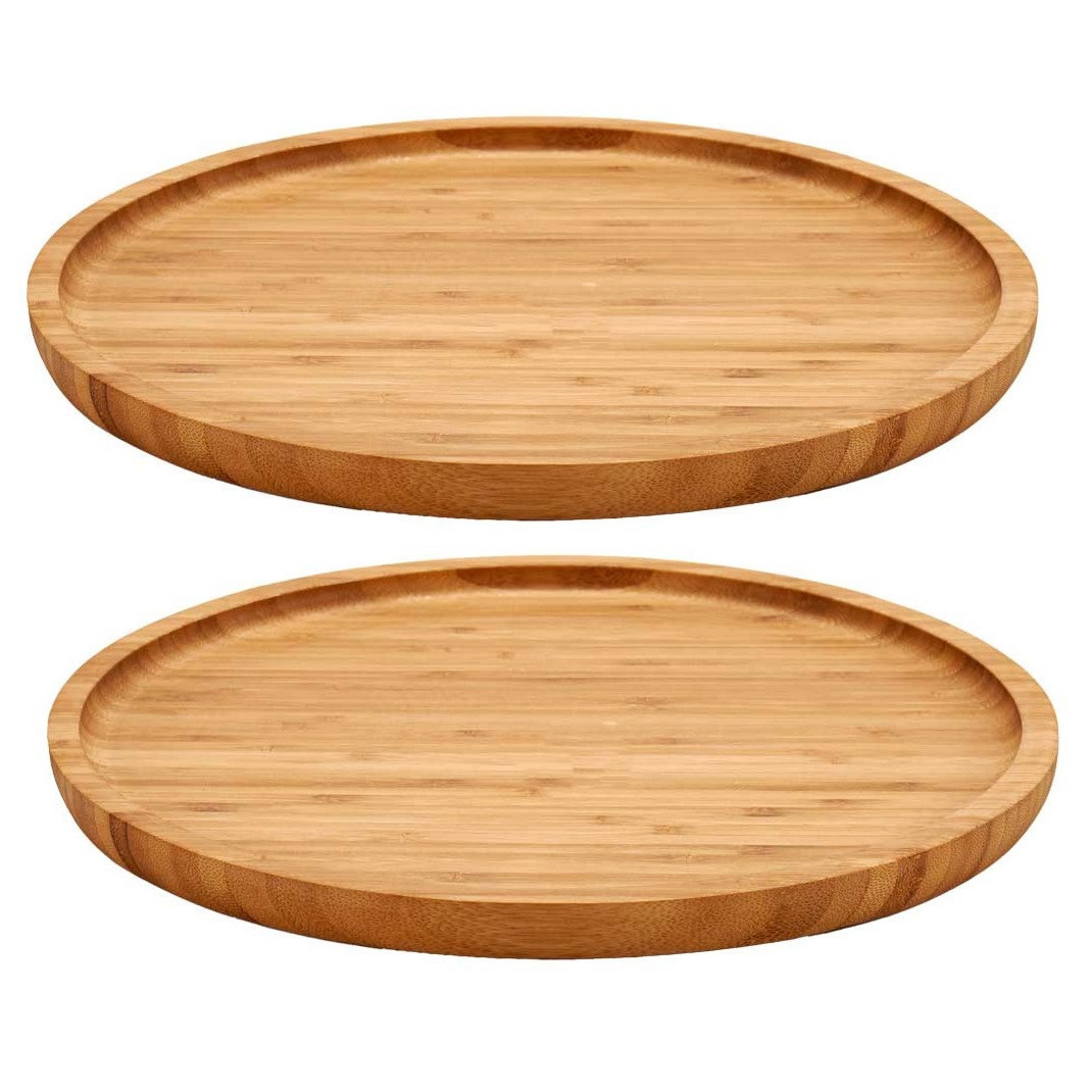 Kinvara 2x stuks voedsel/hapjes serveerplank van bamboe diameter 25 cm met rand -