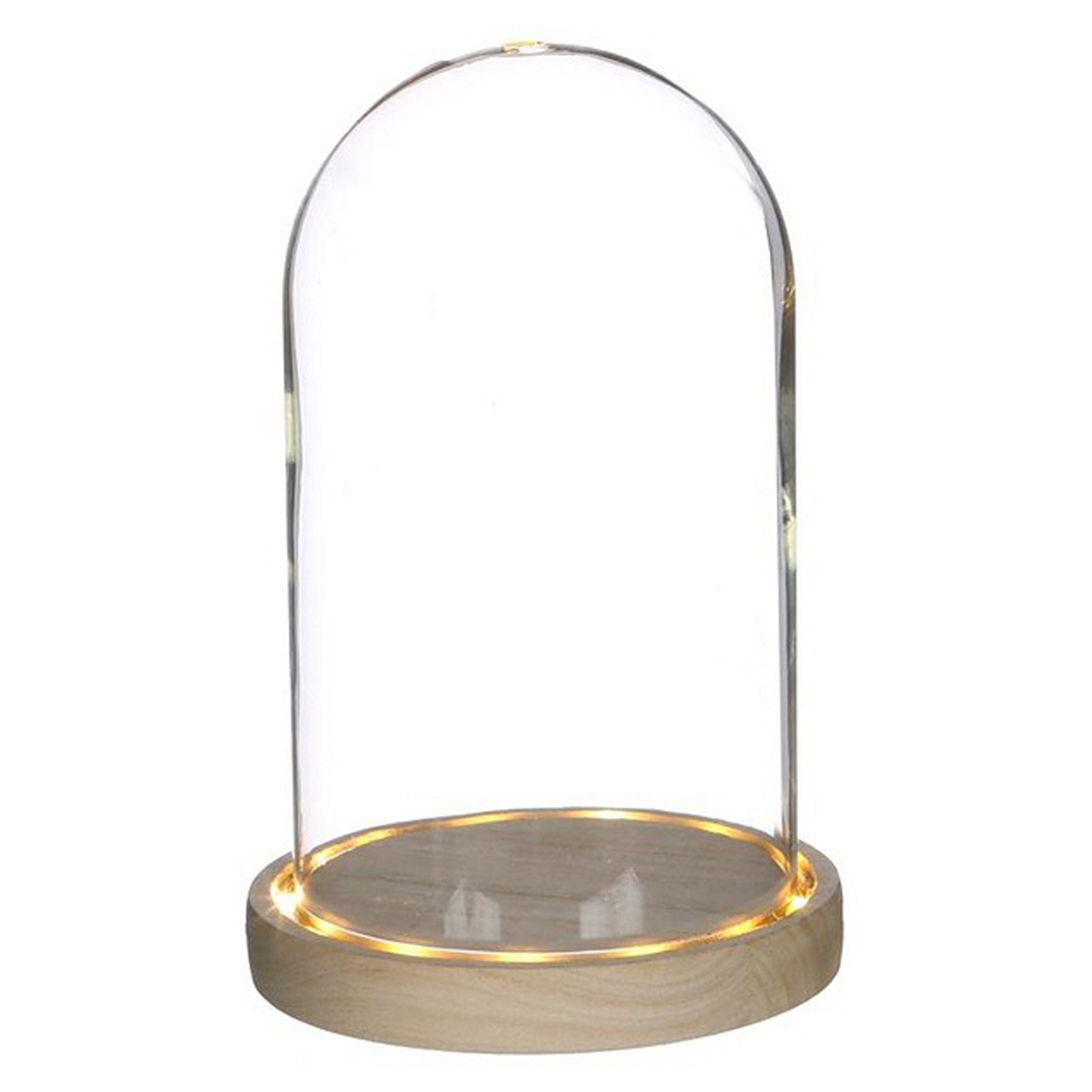 Ideas 4 Seasons Decoratie stolp - glas - houten plateau - LED verlichting - D14 x H21,5 cm -
