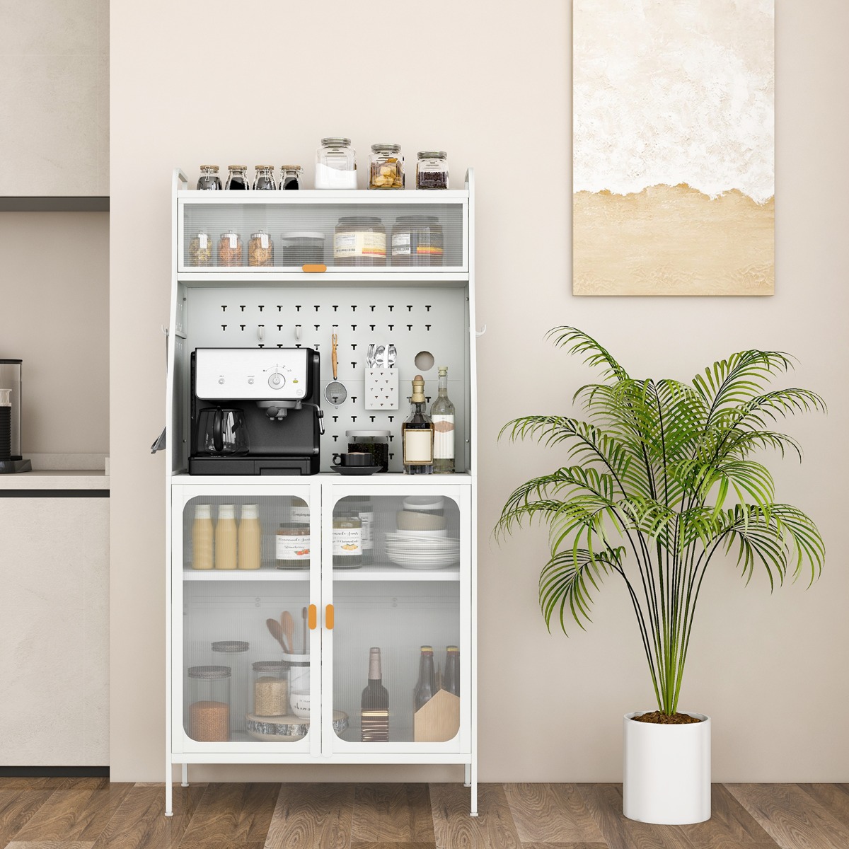 COSTWAY Küchenbuffet Schrank mit Steckbrett, Haken & verstellbarem Regal Weiß
