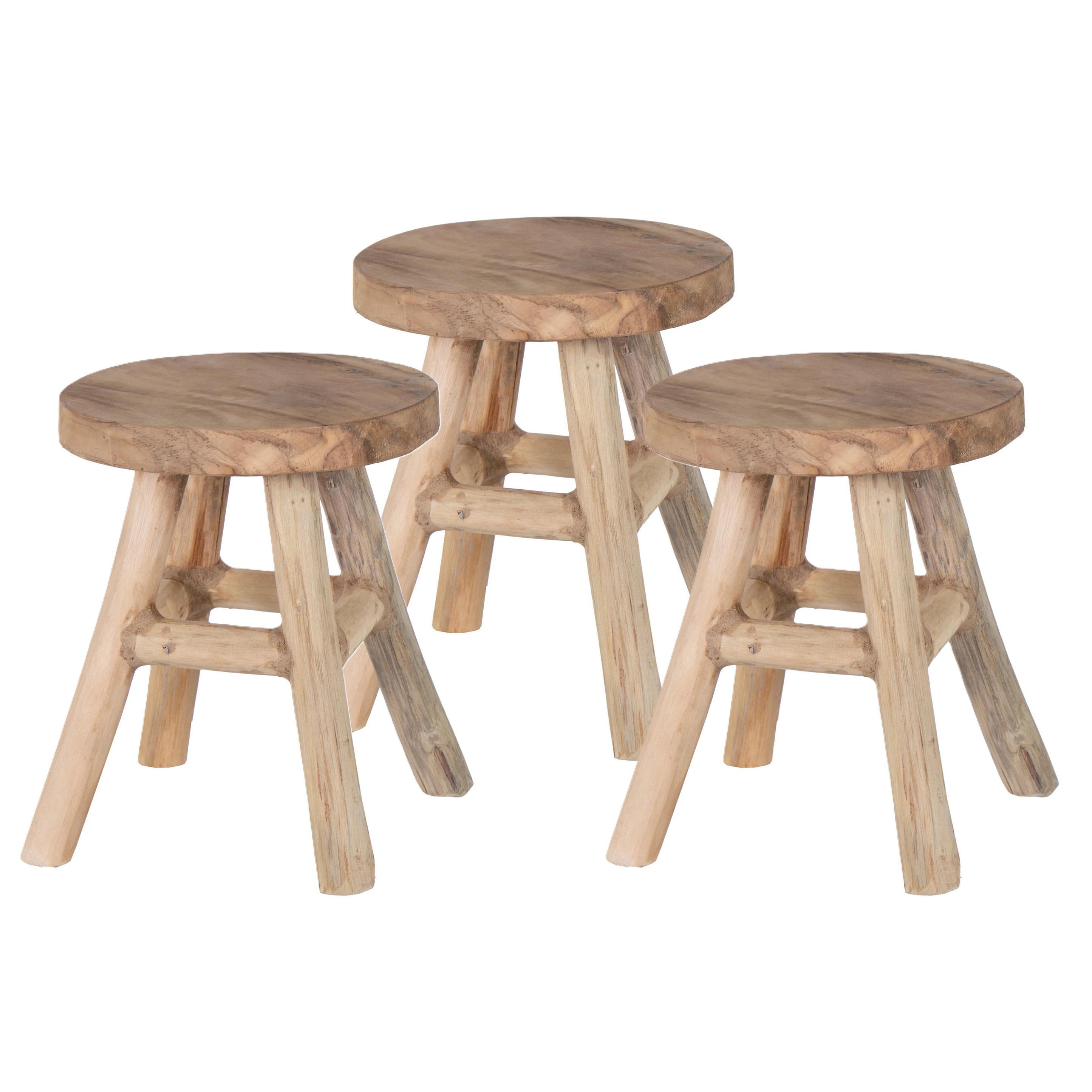 Mega Collections Zit krukje/bijzet stoel - 3x - teak hout - lichtbruin - D20 x H25 cm - Voor kinderen -