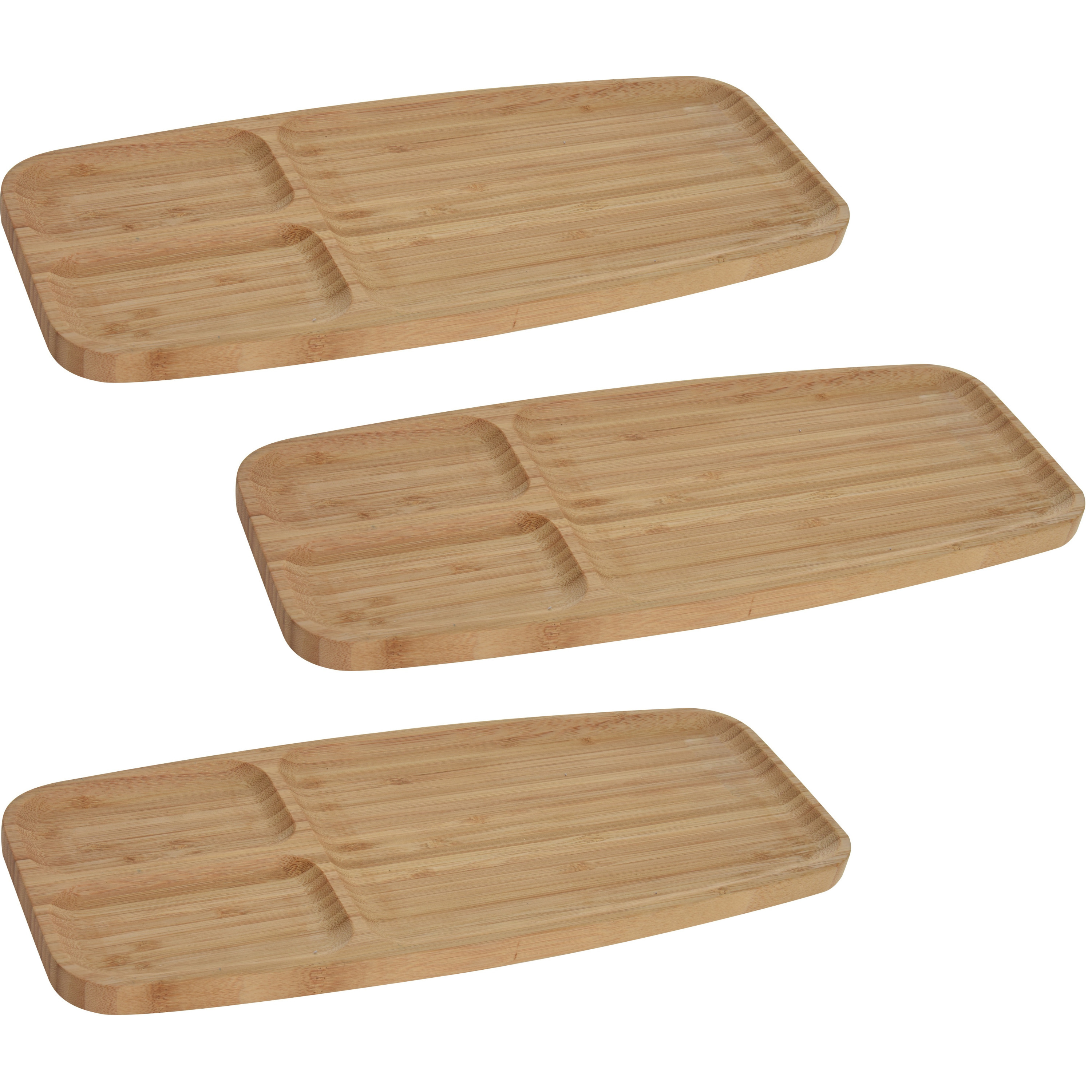 Merkloos 3x Serveerplanken/borden 3-vaks van bamboe hout cm -