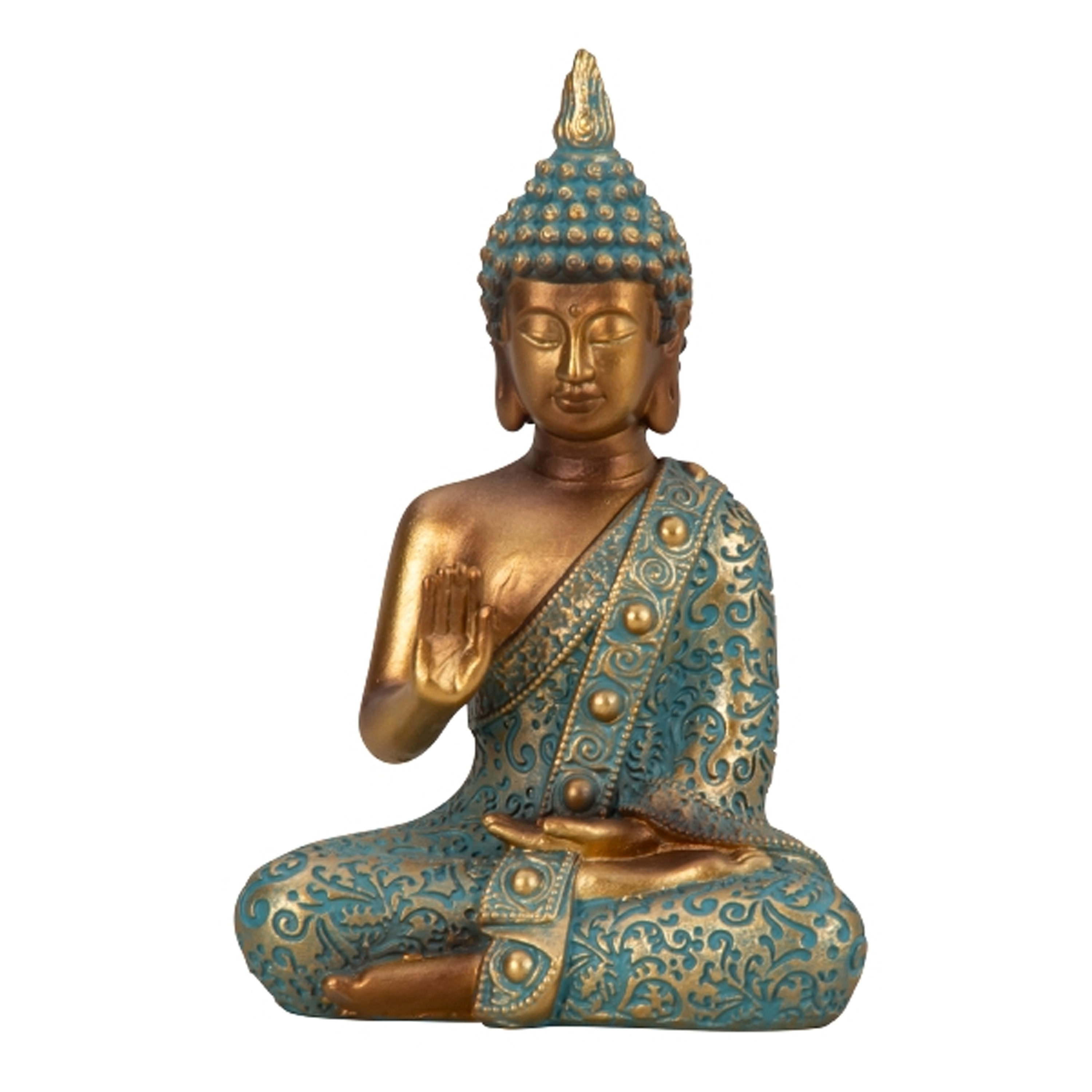 Merkloos Boeddha beeld Shaman - binnen/buiten - kunststeen - goud/jade - 10 x 14 cm -