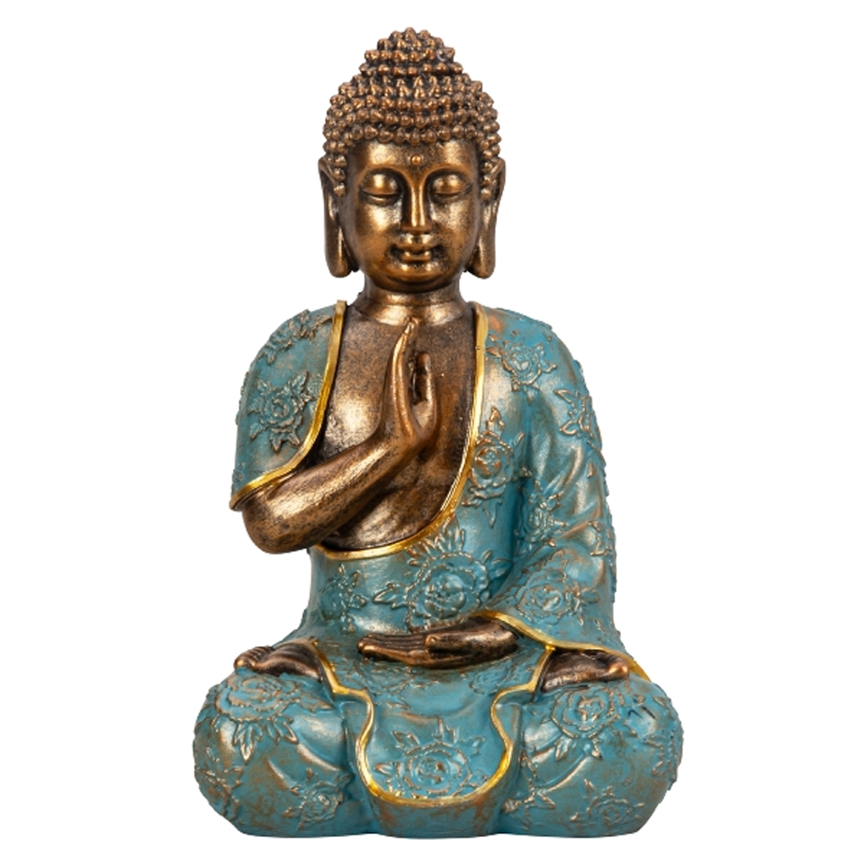 Merkloos Boeddha beeld Shaman - binnen/buiten - kunststeen - goud/jade - 14 x 23 cm -