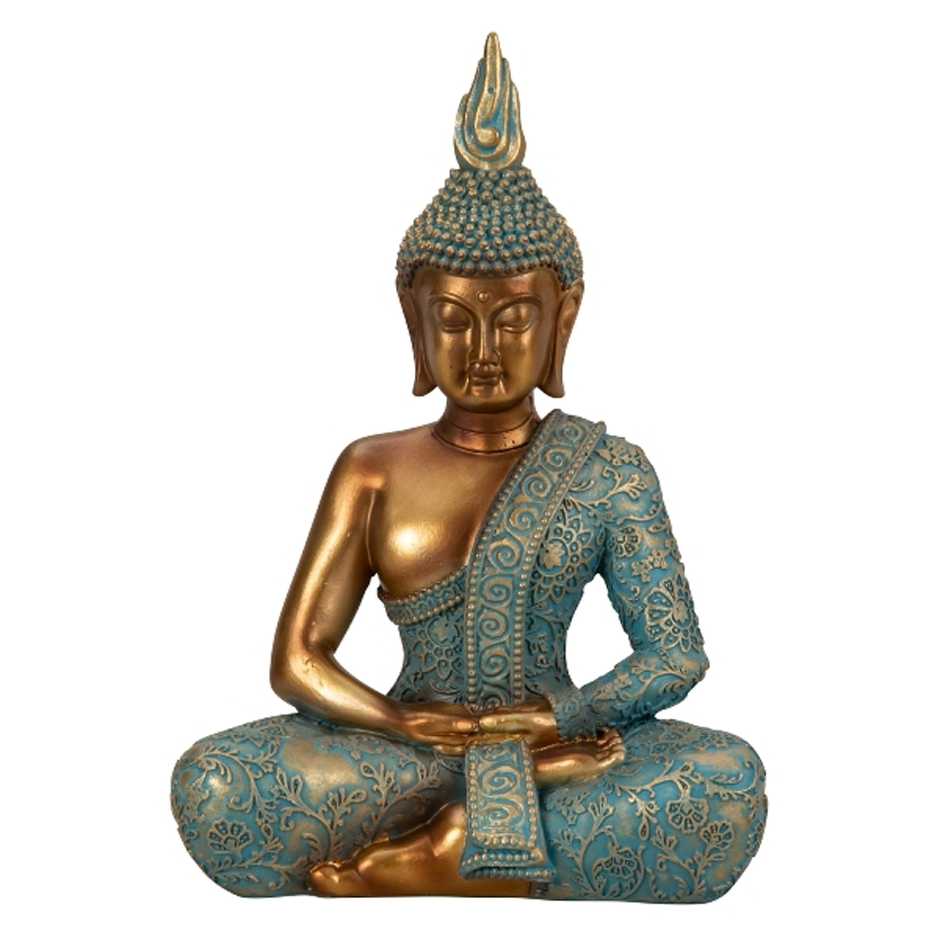 Merkloos Boeddha beeld Shaman - binnen/buiten - kunststeen - goud/jade - 17 x 25 cm -