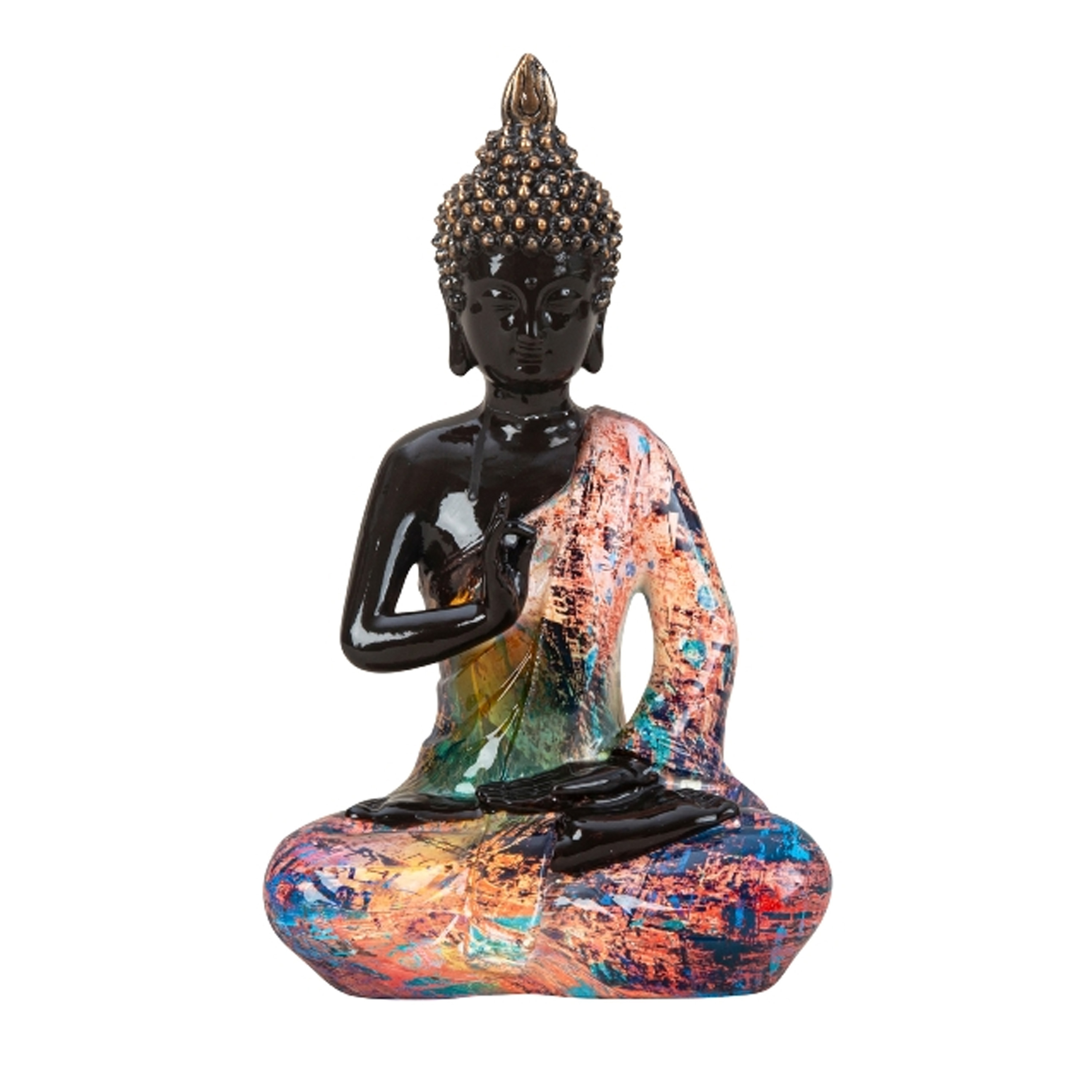 Merkloos Boeddha beeld Colorfull - binnen/buiten - kunststeen - zwart/kleurenmix - 16 x 26 cm -