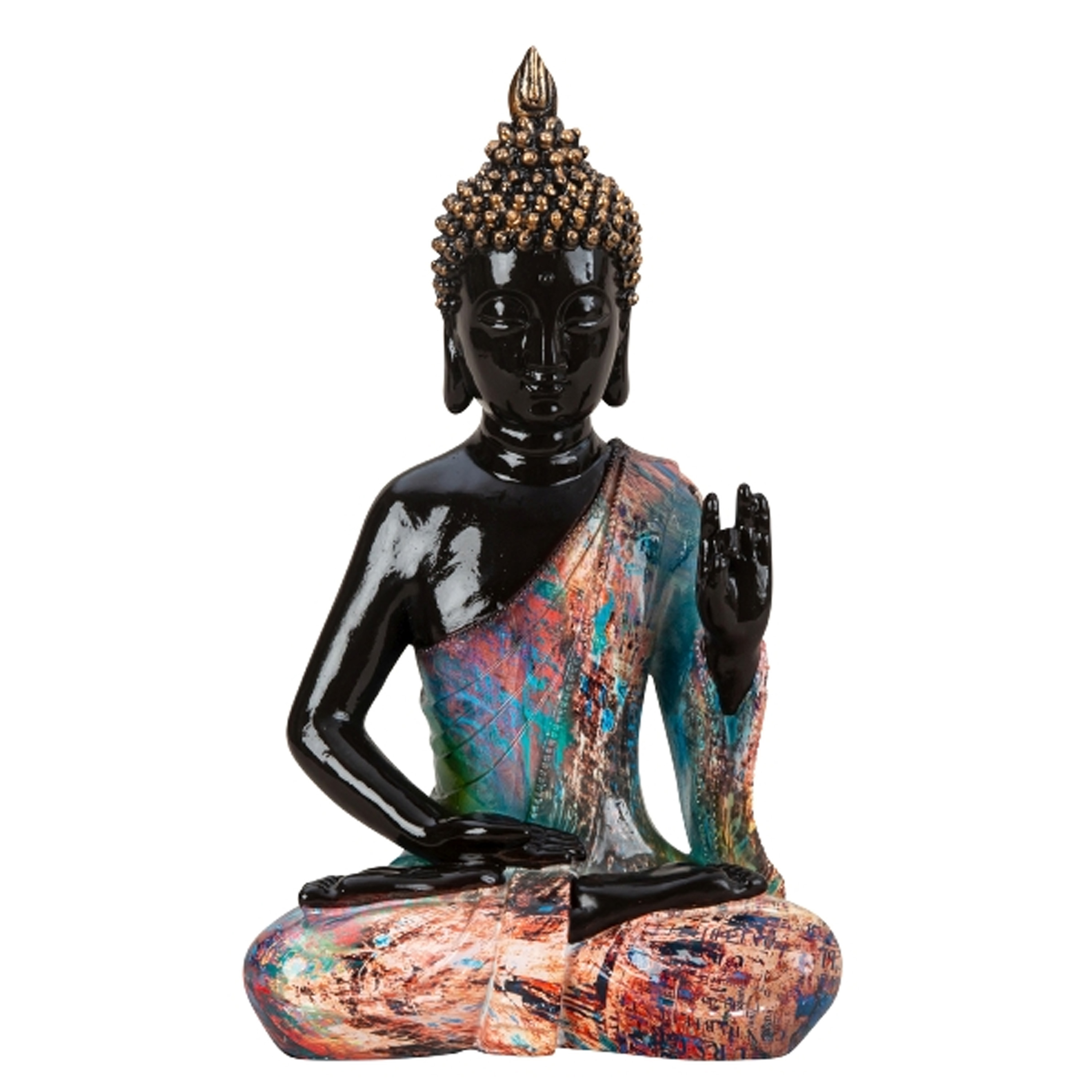Merkloos Boeddha beeld Colorfull - binnen/buiten - kunststeen - zwart/kleurenmix - 18 x 31 cm -