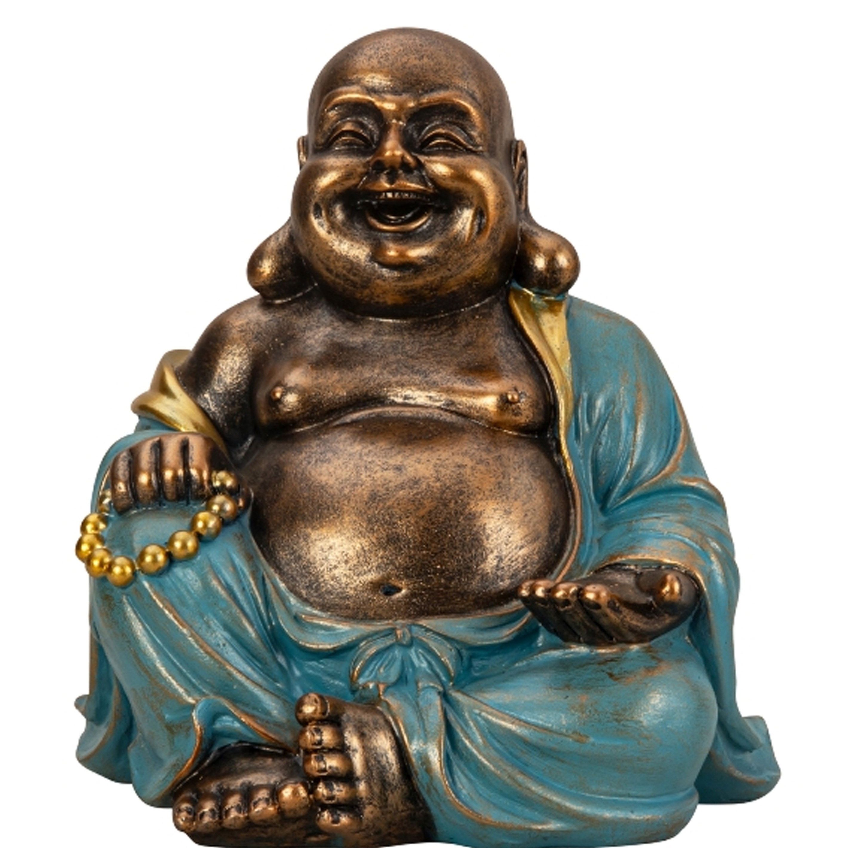 Merkloos Boeddha beeld Happy Shaman - binnen/buiten - kunststeen - goud/jade - 22 x 23 cm -