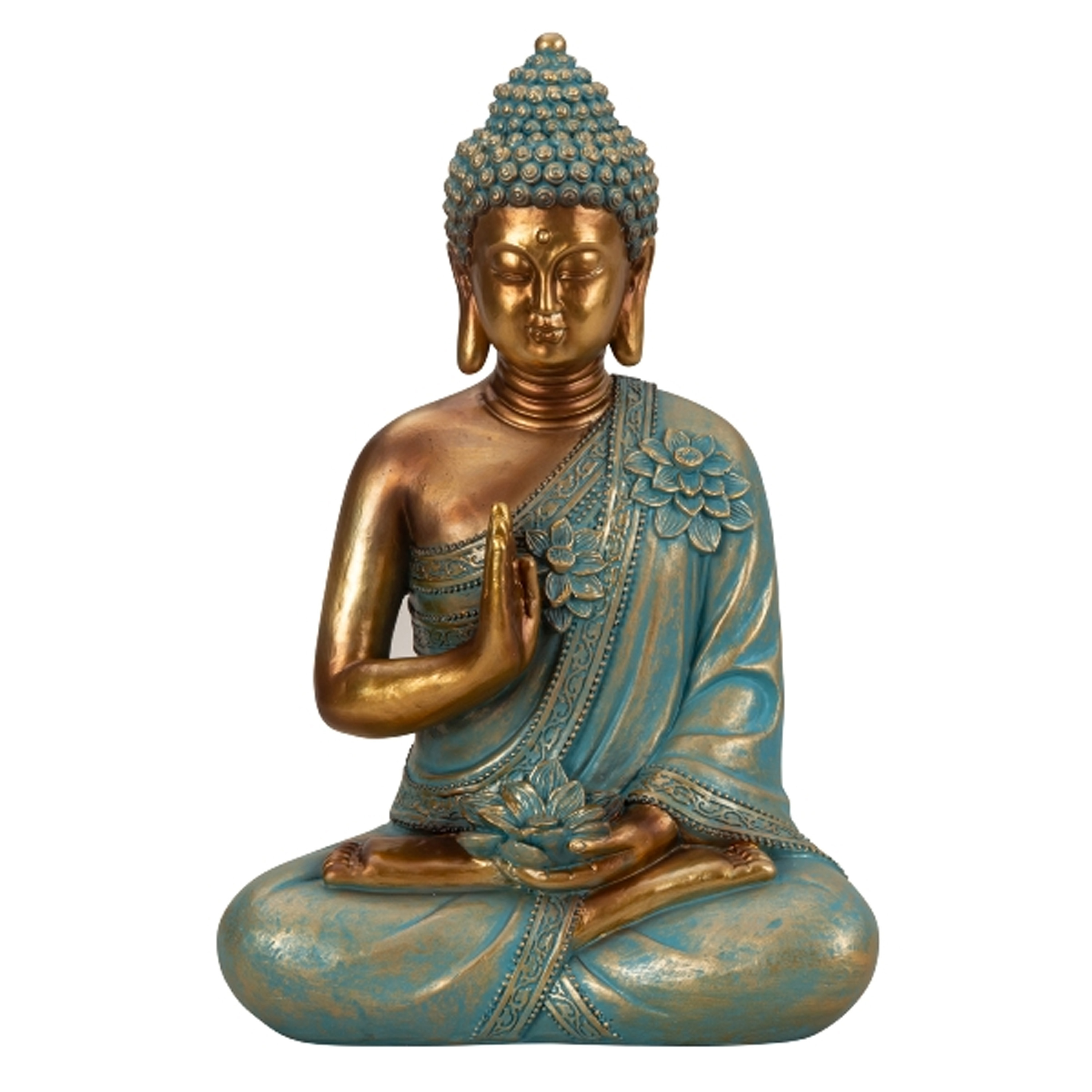 Merkloos Boeddha beeld Shaman - binnen/buiten - kunststeen - goud/jade - 21 x 31 cm -