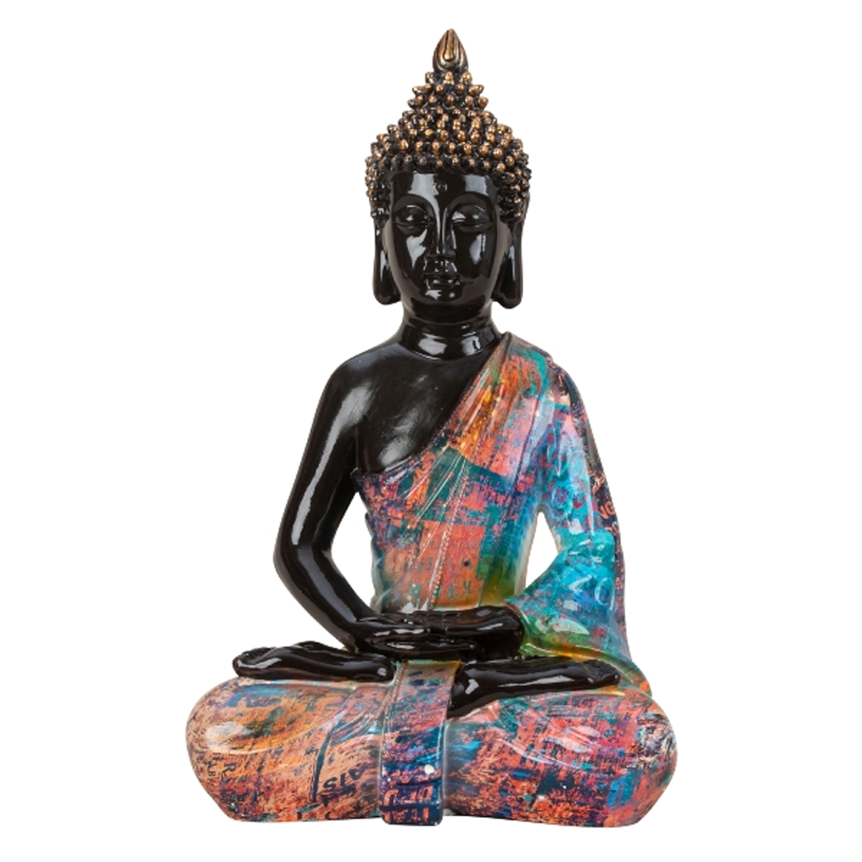 Merkloos Boeddha beeld Colorfull - binnen/buiten - kunststeen - zwart/kleurenmix - 25 x cm -