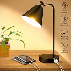 Light in the box industriële dimbare bureaulamp met 2 USB-oplaadpoorten stopcontact, aanraakbediening nachtkastje leeslamp flexibele kop, zwart metalen tafellamp voor slaapkamer kantoor woonkamer, lamp inbegrepen